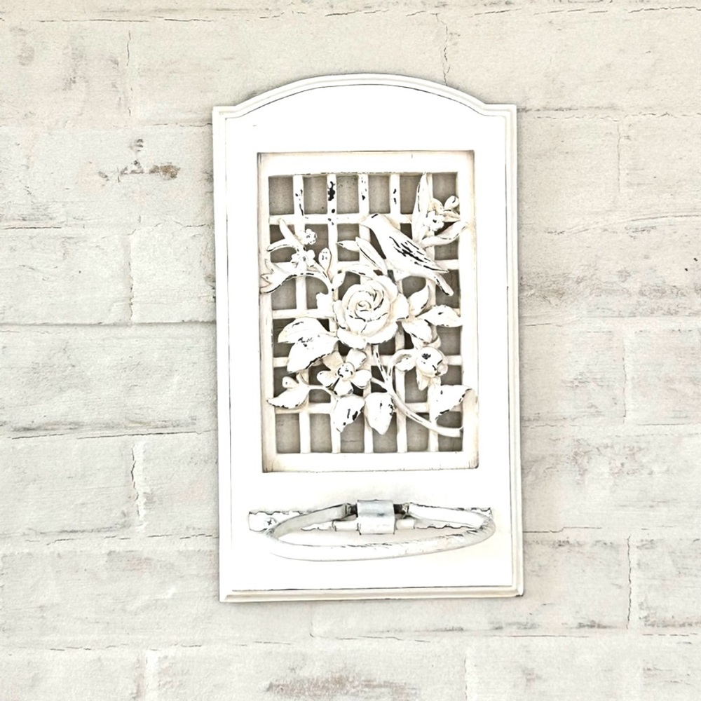Wood And Iron Plant Pot Hanger Holder Wall Mount Floral Bird Distressed